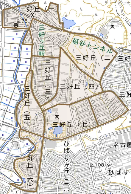 三好丘とその周辺の地図。町の範囲を重ねている