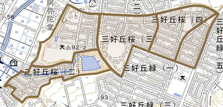 三好丘桜とその周辺の地図。町の範囲を重ねている