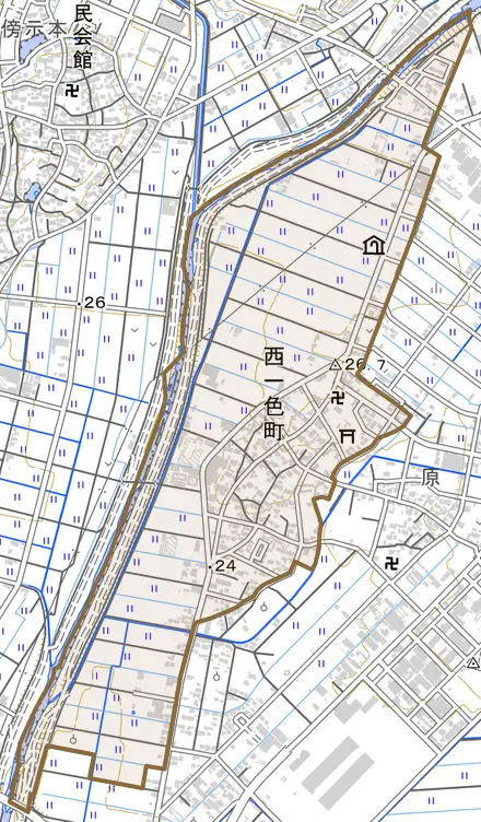 西一色町とその周辺の地図。町の範囲を重ねている