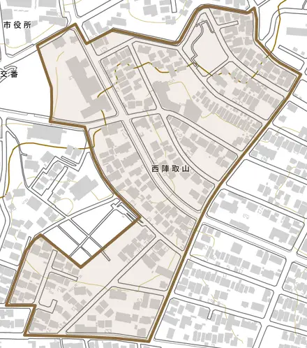 西陣取山とその周辺の地図。町の範囲を重ねている