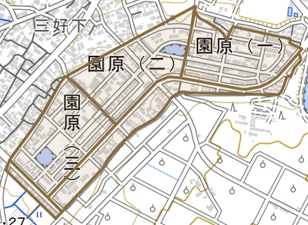 園原とその周辺の地図。町の範囲を重ねている