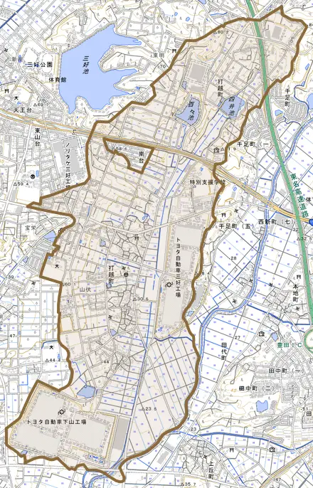 打越町とその周辺の地図。町の範囲を重ねている