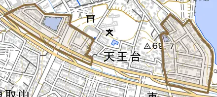 天王台とその周辺の地図。町の範囲を重ねている
