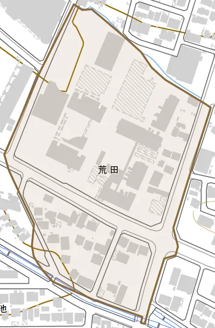 荒田とその周辺の地図。町の範囲を重ねている