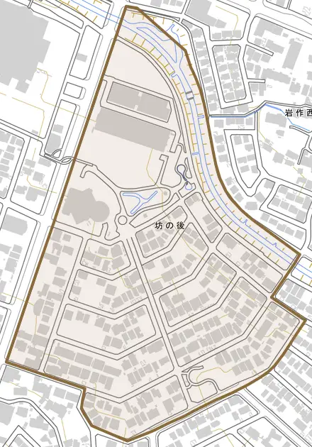 坊の後とその周辺の地図。町の範囲を重ねている