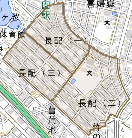 長配とその周辺の地図。町の範囲を重ねている