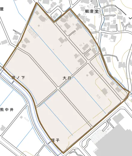 大日とその周辺の地図。町の範囲を重ねている