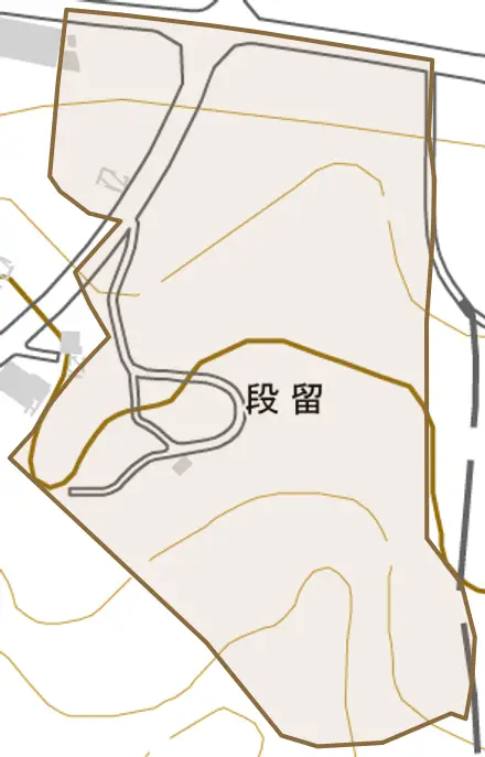 段留とその周辺の地図。町の範囲を重ねている
