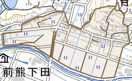 郷前とその周辺の地図。町の範囲を重ねている
