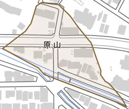 原山とその周辺の地図。町の範囲を重ねている