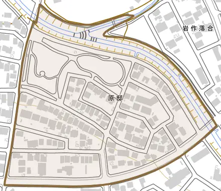原邸とその周辺の地図。町の範囲を重ねている