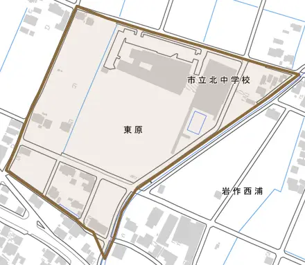 東原とその周辺の地図。町の範囲を重ねている