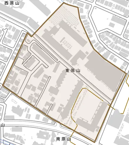 東原山とその周辺の地図。町の範囲を重ねている