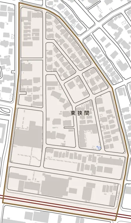東狭間とその周辺の地図。町の範囲を重ねている