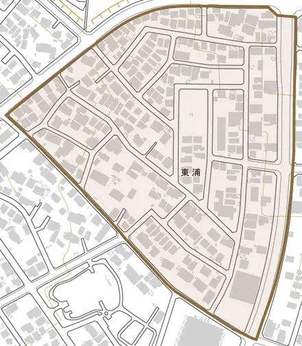 東浦とその周辺の地図。町の範囲を重ねている