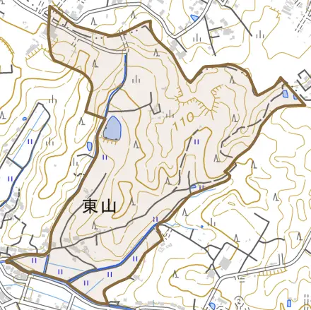 東山とその周辺の地図。町の範囲を重ねている