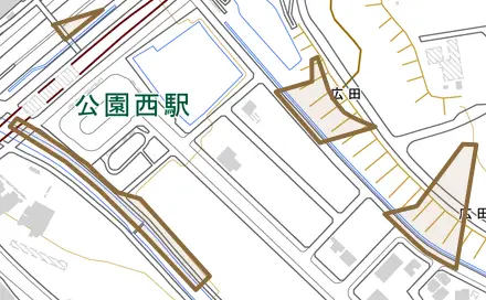 広田とその周辺の地図。町の範囲を重ねている
