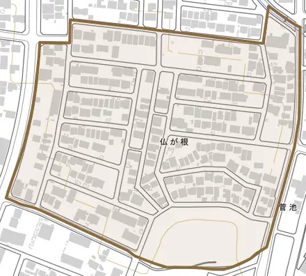 仏が根とその周辺の地図。町の範囲を重ねている