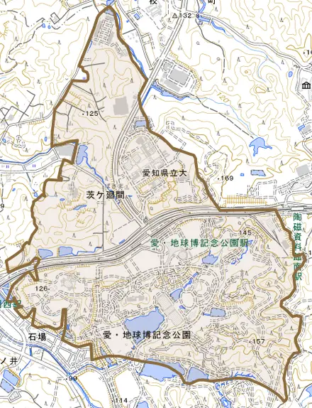 茨ケ廻間とその周辺の地図。町の範囲を重ねている