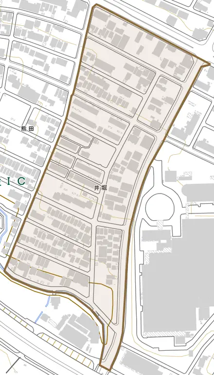 井堀とその周辺の地図。町の範囲を重ねている