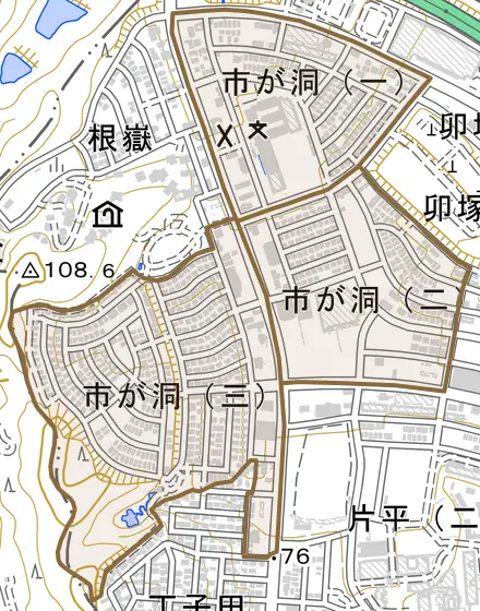 市が洞とその周辺の地図。町の範囲を重ねている