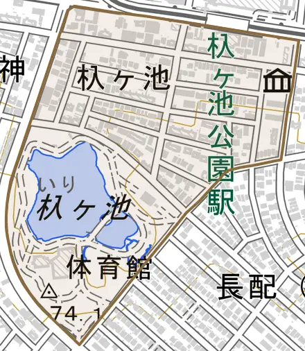杁ケ池とその周辺の地図。町の範囲を重ねている