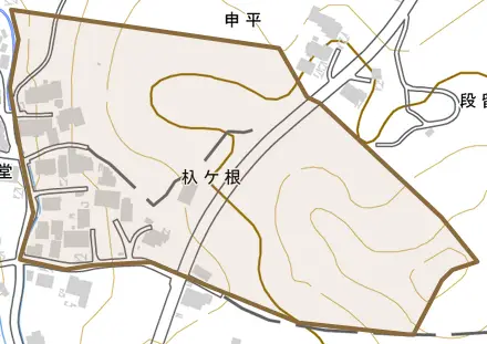 杁ケ根とその周辺の地図。町の範囲を重ねている