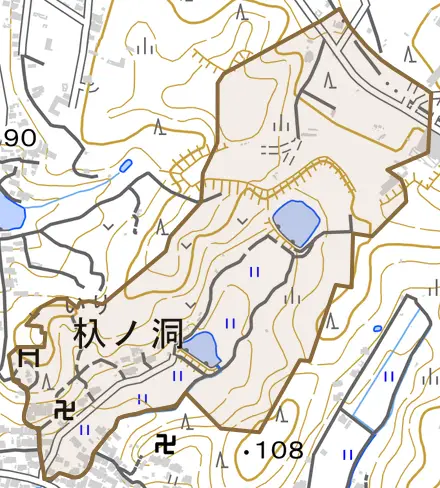 杁ノ洞とその周辺の地図。町の範囲を重ねている