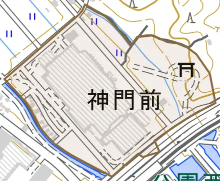 神門前とその周辺の地図。町の範囲を重ねている