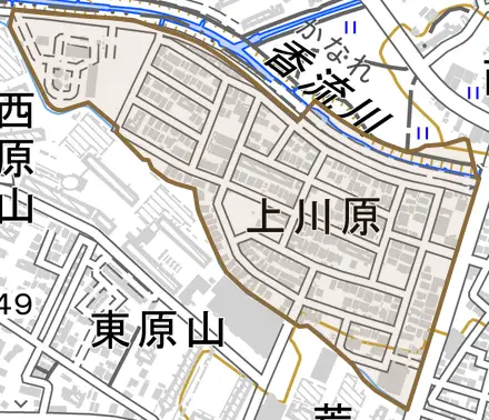 上川原とその周辺の地図。町の範囲を重ねている