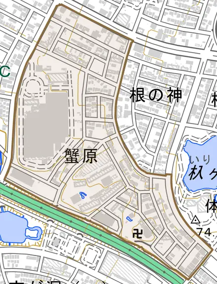 蟹原とその周辺の地図。町の範囲を重ねている