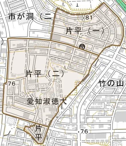 片平とその周辺の地図。町の範囲を重ねている
