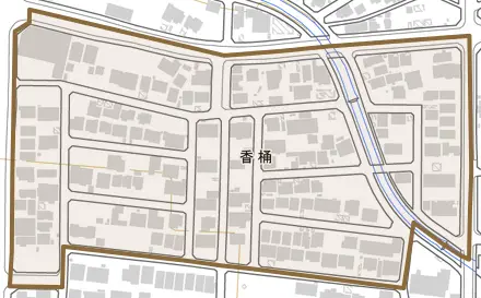 香桶とその周辺の地図。町の範囲を重ねている