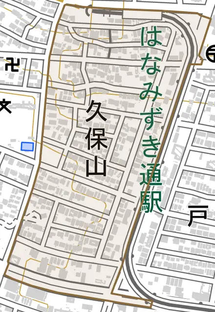久保山とその周辺の地図。町の範囲を重ねている