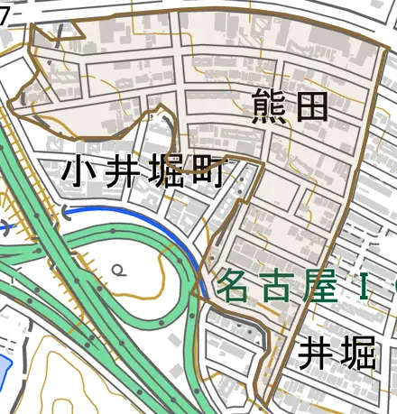 熊田とその周辺の地図。町の範囲を重ねている