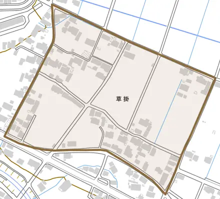 草掛とその周辺の地図。町の範囲を重ねている