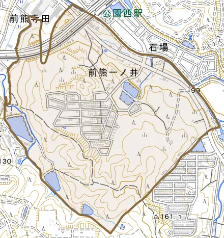 前熊一ノ井とその周辺の地図。町の範囲を重ねている
