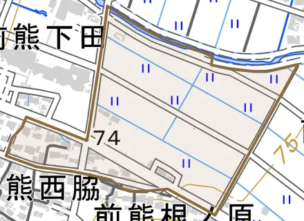 前熊溝下とその周辺の地図。町の範囲を重ねている