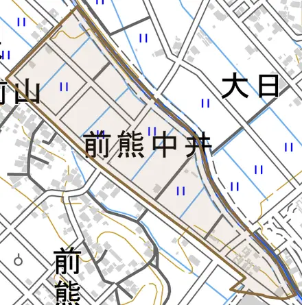 前熊中井とその周辺の地図。町の範囲を重ねている