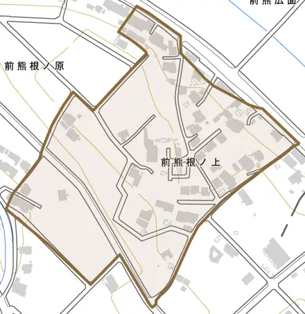 前熊根ノ上とその周辺の地図。町の範囲を重ねている
