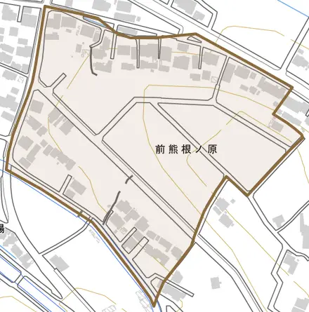 前熊根ノ原とその周辺の地図。町の範囲を重ねている
