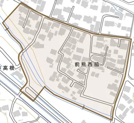 前熊西脇とその周辺の地図。町の範囲を重ねている