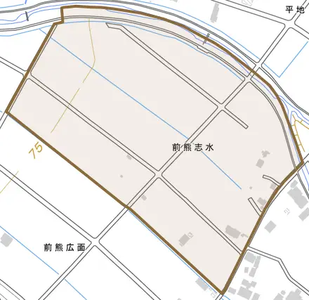 前熊志水とその周辺の地図。町の範囲を重ねている