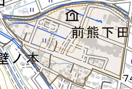 前熊下田とその周辺の地図。町の範囲を重ねている