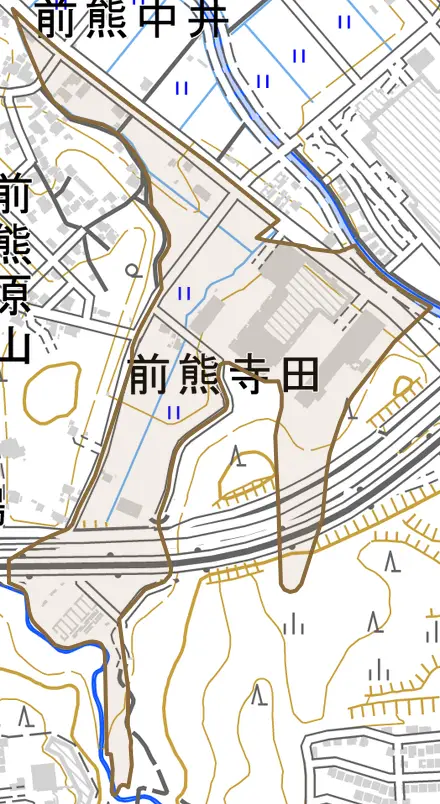 前熊寺田とその周辺の地図。町の範囲を重ねている