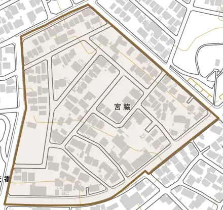 宮脇とその周辺の地図。町の範囲を重ねている