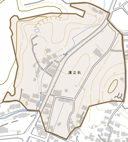 溝之杁とその周辺の地図。町の範囲を重ねている