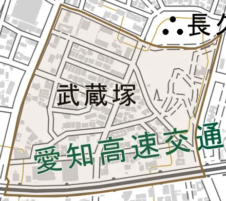 武蔵塚とその周辺の地図。町の範囲を重ねている