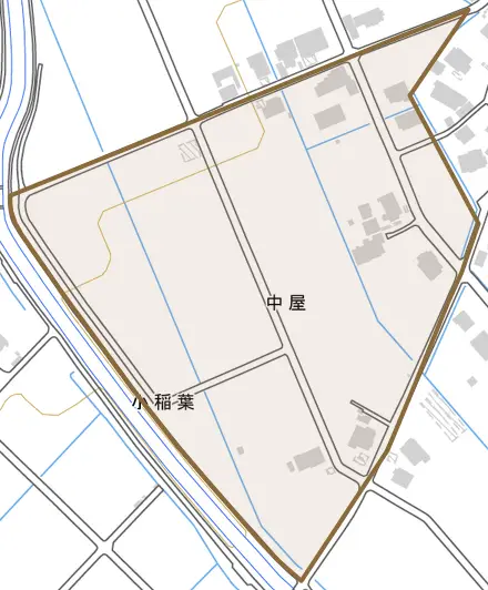 中屋とその周辺の地図。町の範囲を重ねている