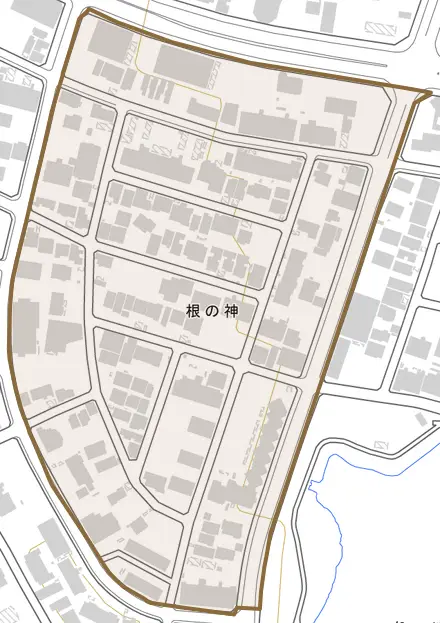 根の神とその周辺の地図。町の範囲を重ねている